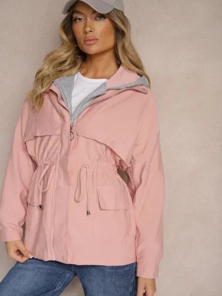 Kurtka Parka z Dodatkiem Bawełny Wykończona Troczkami Zapinana na Napy Velona różowa