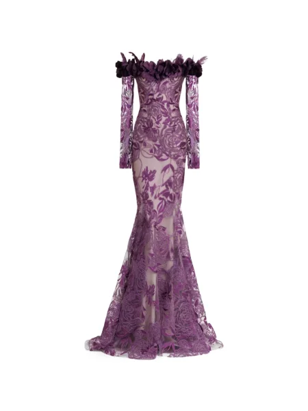 Rochie maxi Gemy Maalouf cu model floral cu umerii deschiși violet