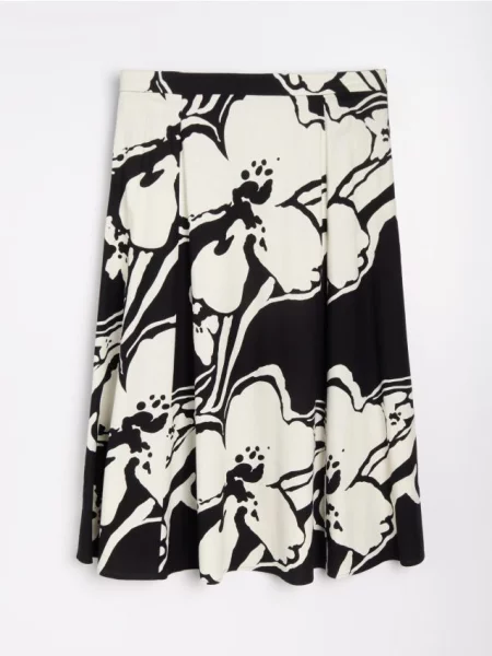 Розкльошена спідниця міді у квітковий принт з віскозою та домішкою льону різнобарвний