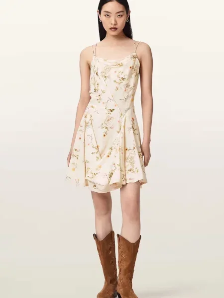 AllSaints rochie de vară cu vâscoză CLAIRE galben