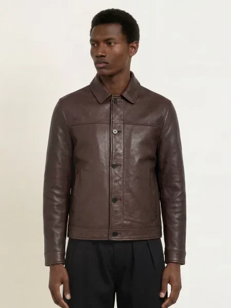 Allsaints Kožená Bunda Nates tmavě hnědá