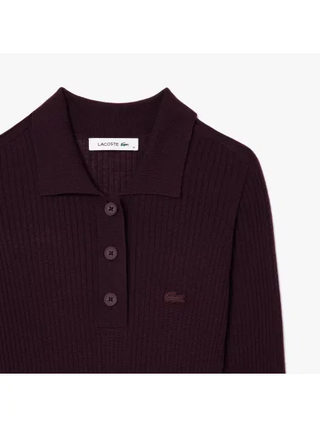 Lacoste Wełniana Sukienka Z Kołnierzykiem Polo Z Długim Rękawem Bordowa Bordowy