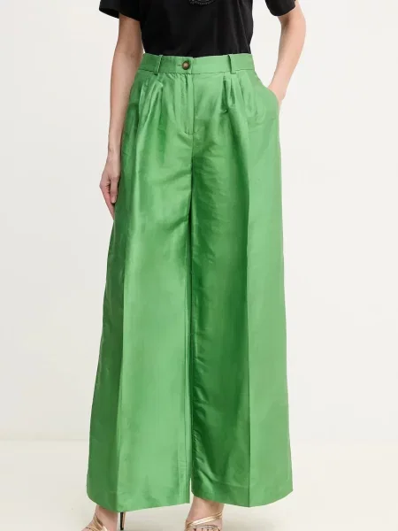 Luisa Spagnoli pantaloni de mătase femei lat high waist verde