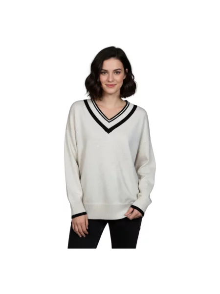 Sweter Repeat z dekoltem w serek beżowy