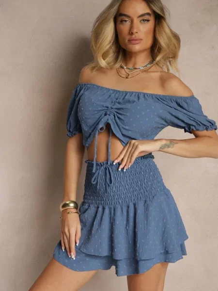 Komplet z Ozdobnym Tłoczeniem Spódnico-Spodenki i Bluzka Hiszpanka Sarilessa niebieski