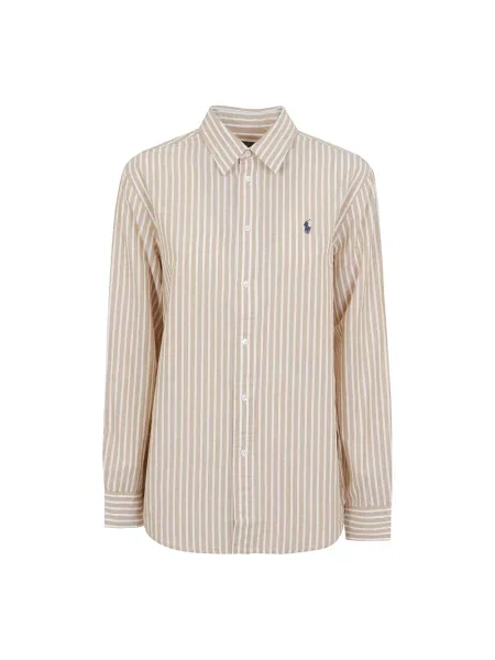 Lniana koszula Ralph Lauren w paski brązowa