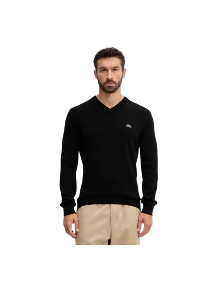 Dzianinowy sweter Lacoste z dekoltem w serek czarny