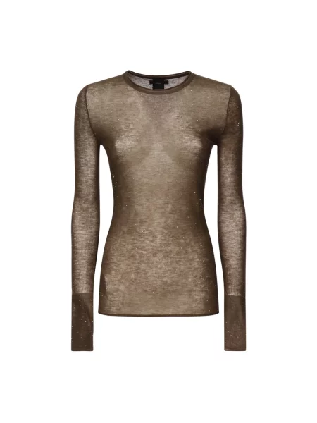 Sweter Pinko wełniany z długim rękawem z cekinami brązowy