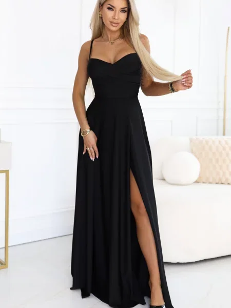 Długa sukienka wieczorowa Numoco Basic z rozcieciem na ramiączkach czarna