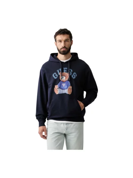Bluza z kapturem z nadrukiem z logo i kieszenią kangurka Guess niebieska