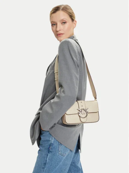 PINKO Geantă Love One Mini Slouchy Fl Al PLTT Écru bej