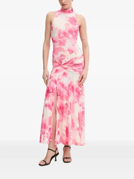 Rochie maxi Bardot cu volane cu legături roz