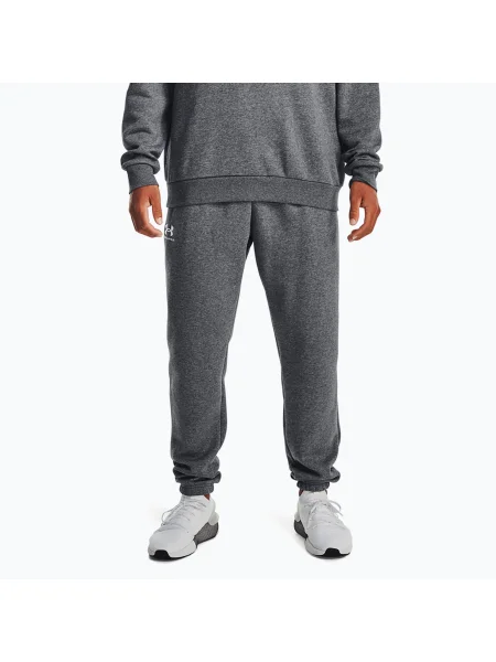 Pánske tréningové nohavice Under Armour Essential Fleece Joggers pitch gray medium heather/white biela
