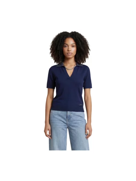 Polo Guess wełniane z dekoltem w serek z krótkim rękawem niebieskie