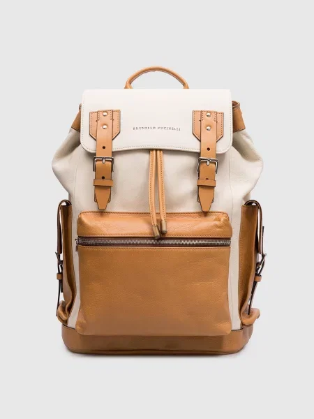 Шкіряний рюкзак з логотипом Brunello Cucinelli бежевий