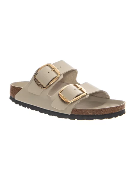 Klapki Birkenstock skórzane na sprzączkę na płaskim obcasie beżowe