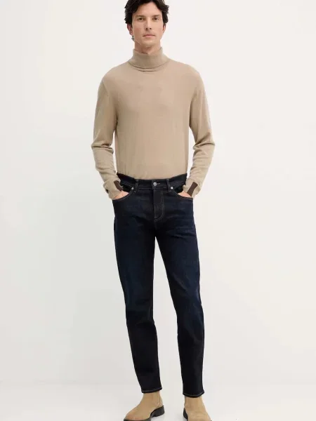 Mos Mosh sweter z dodatkiem wełny ADAM lekki z golferm beżowy