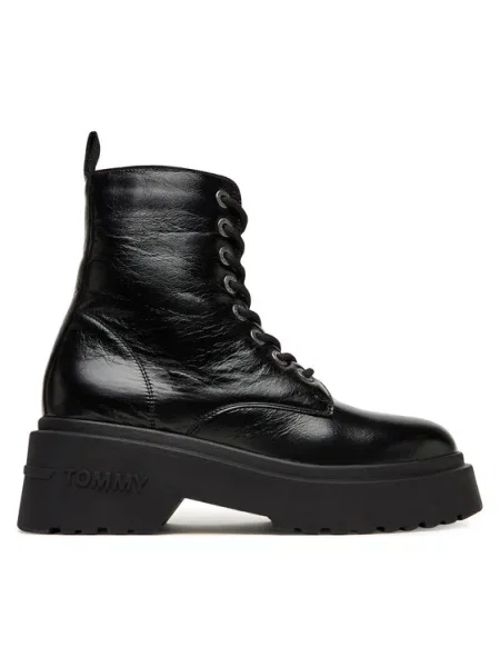 Кожени кубинки Tommy Jeans TJW CHUNKY SHINY LEATHER BOOT с платформа черно