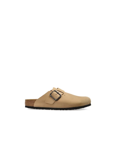 Klapki Birkenstock skórzane na sprzączkę beżowe