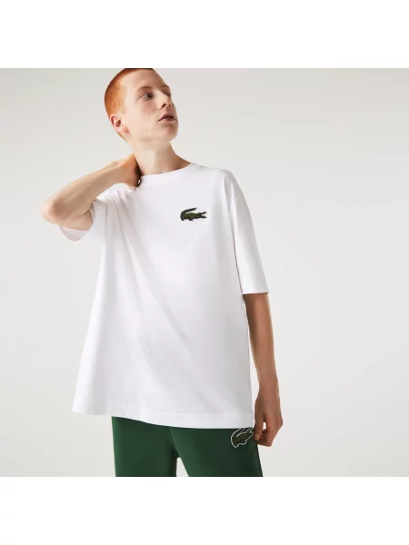 Lacoste Koszulka Unisex Loose Fit Large Crocodile Organic Heavy Cotton biała