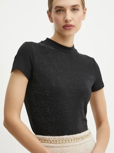 T-shirt o kroju slim fit z obszyciem kamieniami stras na całej powierzchni Guess czarna