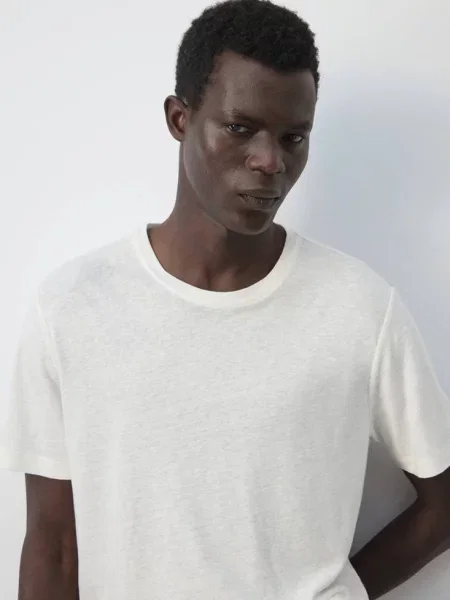 Koszulka slim fit z mieszanki lnu Mężczyzna XS MANGO MAN biały