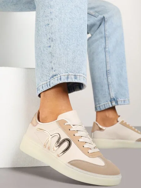 Ciemnobeżowe Sneakersy Klasyczne Tenisówki z Abstrakcyjną Aplikacją Ailinne beżowe