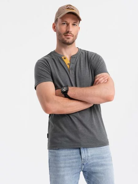 Tricou Ombre cu guler henley gri