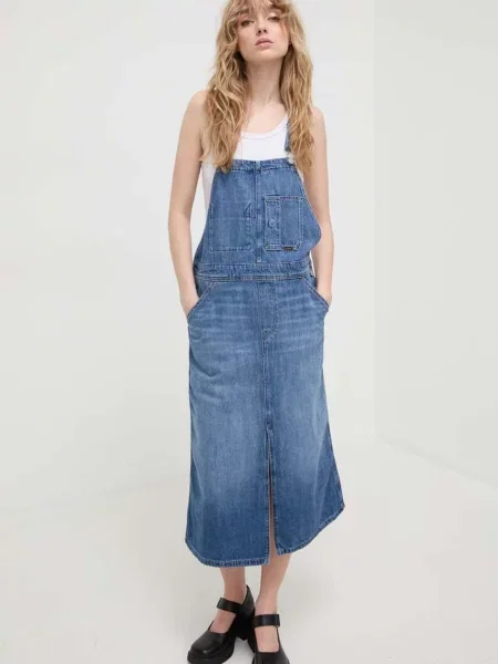 G-Star Raw rochie jeans midi drept albastru