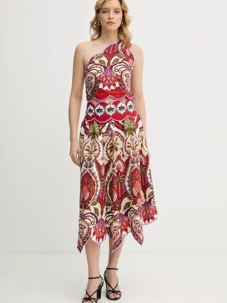 Farm Rio spódnica z dodatkiem lnu midi rozkloszowana czerwony