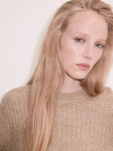 Sweter z ażurowej dzianiny w jodełkę średni Kobieta M MANGO brązowy