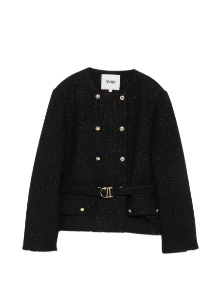 Cu centură geacă Maje din tweed cu două rânduri de nasturi negru
