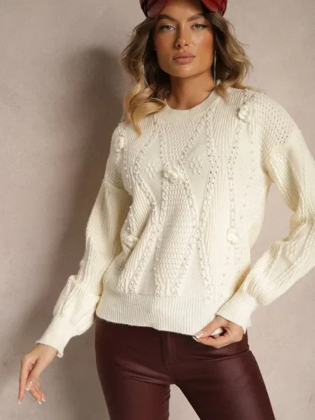 Jasnobeżowy Sweter z Bawełną Ozdobiony Kwiatkami 3D i Perełkami Noraleth beżowy