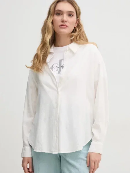 Ленена риза Dkny дамска със стандартна кройка с класическа яка бежово