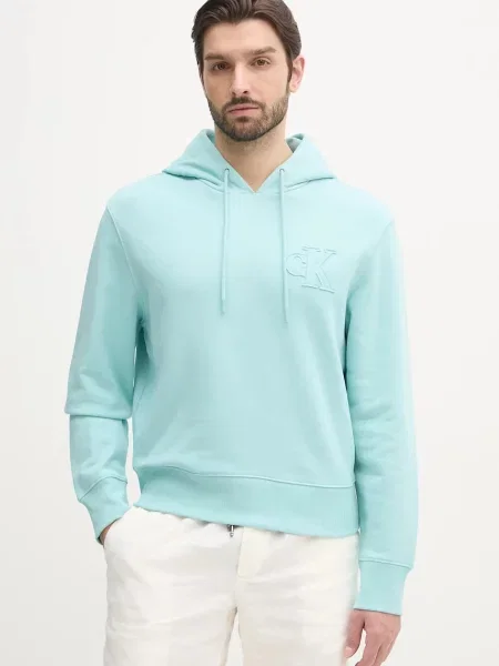 Bombažen pulover Calvin Klein Jeans turkizna s kapuco