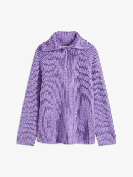 Sweter w prążek ze stójką z domieszką wełny fioletowy
