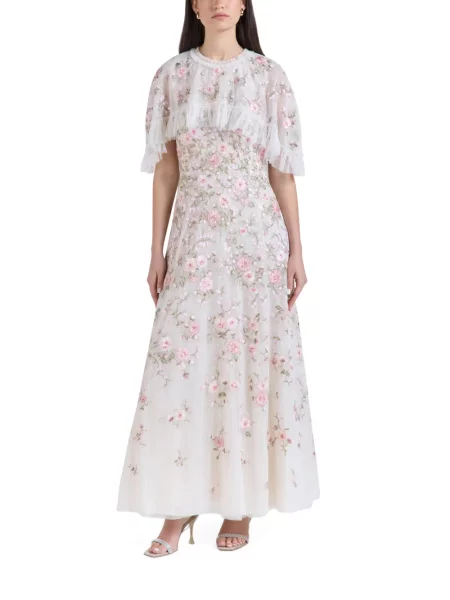 Rochie maxi Needle & Thread cu model floral cu volane alb