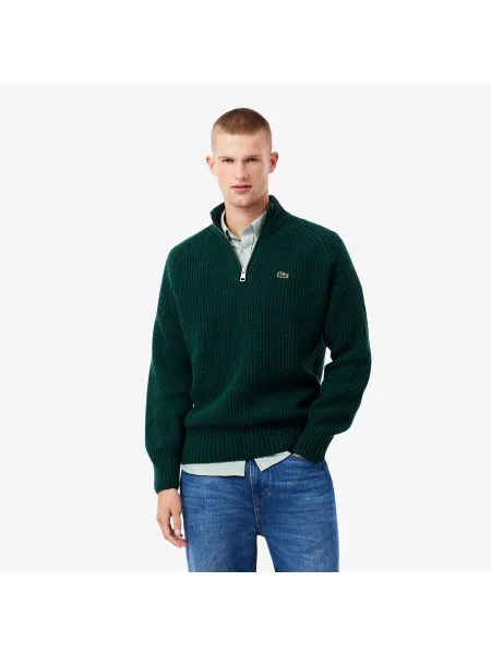 Lacoste Gruby Sweter Z Wełny Czesanej Z Zamkiem Pod Szyją szary