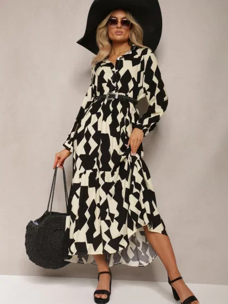 Koszulowa Sukienka Maxi w Geometryczny Wzór Qerida czarna