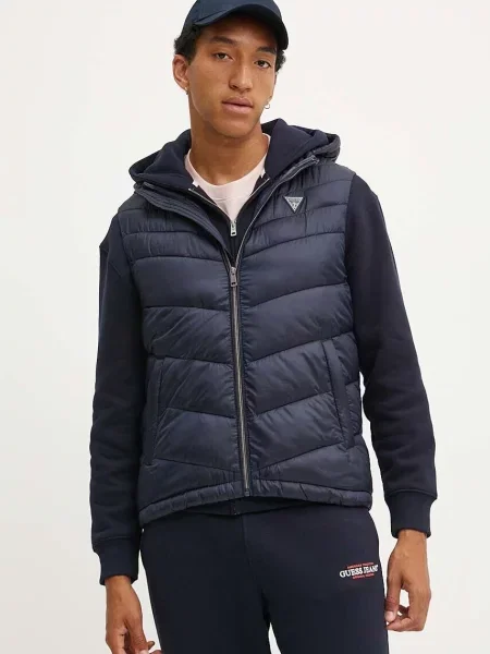 Guess Jeans jopica s kapuco z bombažem modra