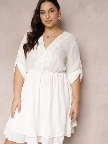 Rochie mini cu în talie și inserții de dantelă Kelia albă