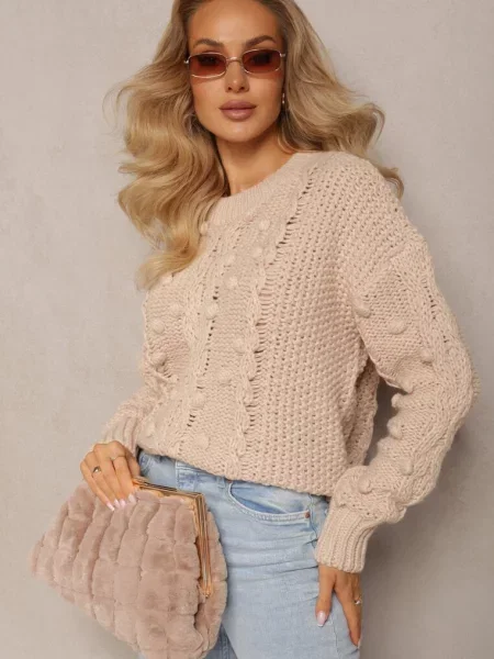 Grubo Pleciony Sweter z Wełną i Bawełną Bavime beżowy