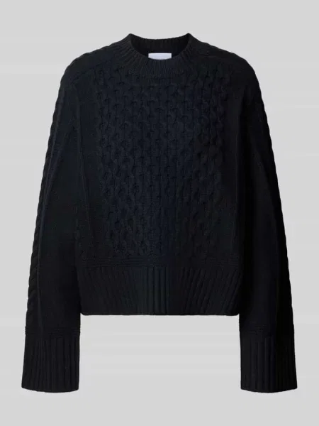 Sweter z dzianiny warkoczowej Boxy Fit wykonany w z wełny Style Icon Collection granatowy