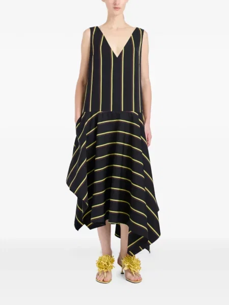 Ριγέ μίντι φόρεμα Proenza Schouler με λαιμόκοψη v μαύρο