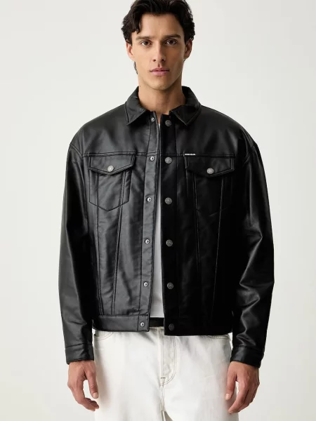 Guess Jeans jachetă pentru bărbați din imitație de piele negru