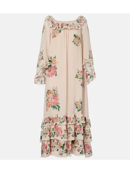 Rochie maxi Chloé de mătase cu model floral de costum bej