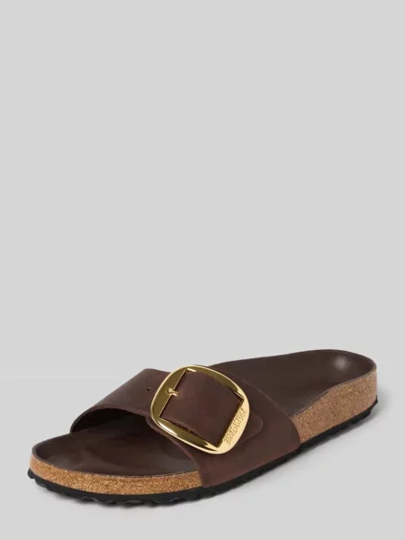 Birkenstock klapki skórzane Madrid Big Buckle Oiled Leather brązowe