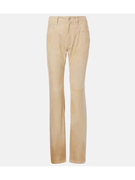 Pantaloni Ralph Lauren Collection cu talie joasă din piele bej