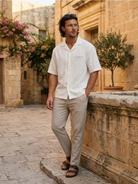 Sinsay Koszula relaxed z krótkim rękawem z domieszką lnu kremowy