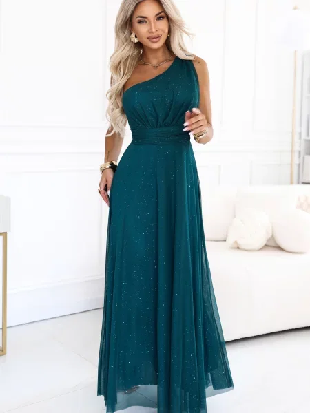 Rochie de seară Numoco Basic cu un umăr gol verde